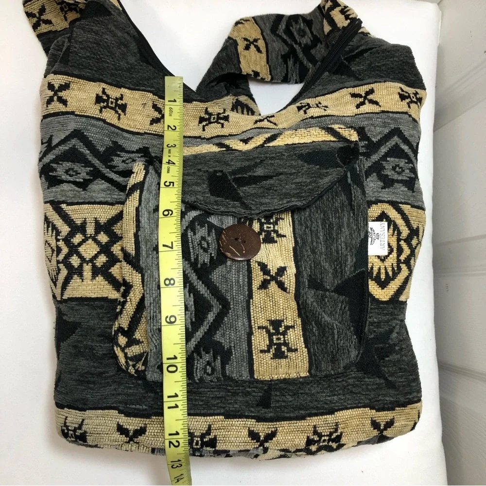 ARTESANY Wool Blend Ecuador Tribal Boho‎ Black Tan Gray Hobo Zipper Bag